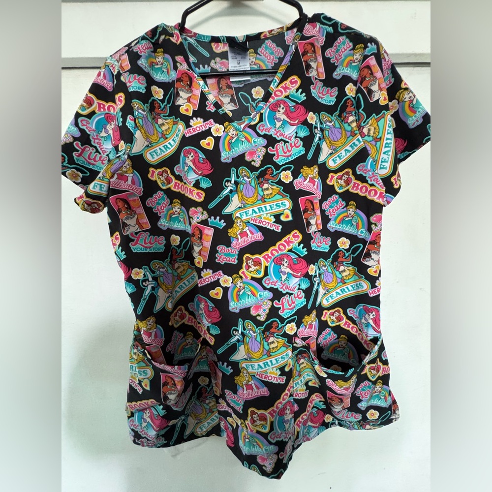 Disney Princess Graphic Scrub Top - Black, Pink, Blue